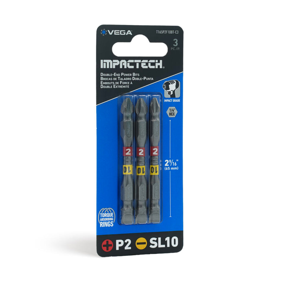 Vega T165P2F10BT-C3, Impactech P2 + SL10 Double End Power Bit x 2-9/16" - Carded 3pc