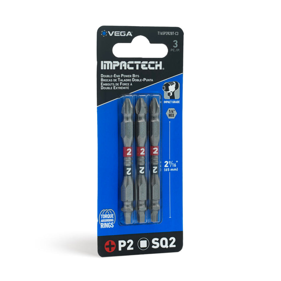 Vega T165P2R2BT-C3, Impactech P2 + SQ2 Double End Power Bit x 2-9/16" - Carded 3pc