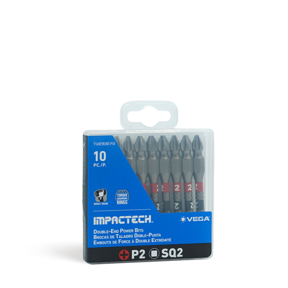Vega T165P2R2BT-P10, Impactech P2 + SQ2 Double End Power Bit x 2-9/16" - Plastic Case 10pc