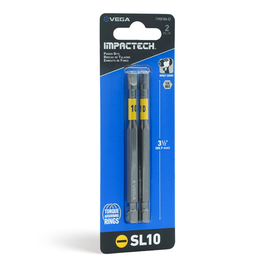 Vega T190F10A-C2, Impactech Slotted #10 Power Bit x 3-1/2" - Carded 2pc