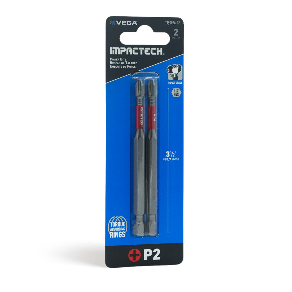 Vega T190P2A-C2, Impactech Phillips #2 Power Bit x 3-1/2" - Carded 2pc