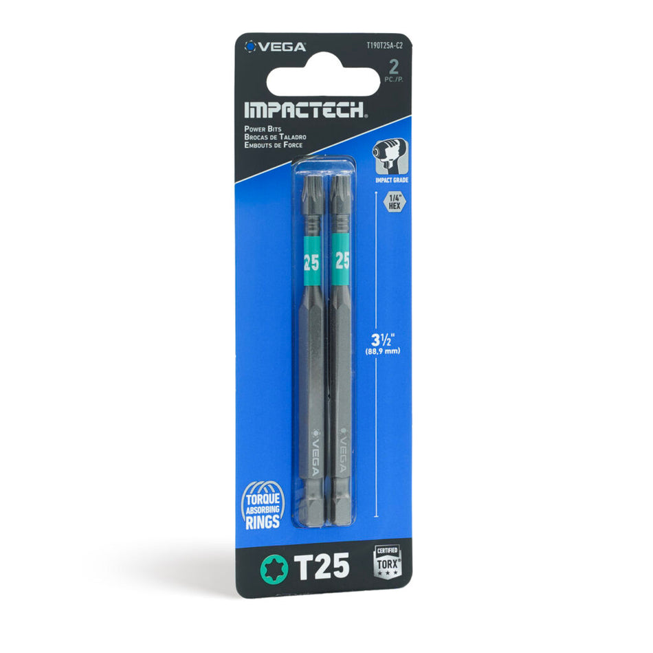 Vega T190T25A-C2, Impactech Torx T25 Power Bit x 3-1/2" - Carded 2pc