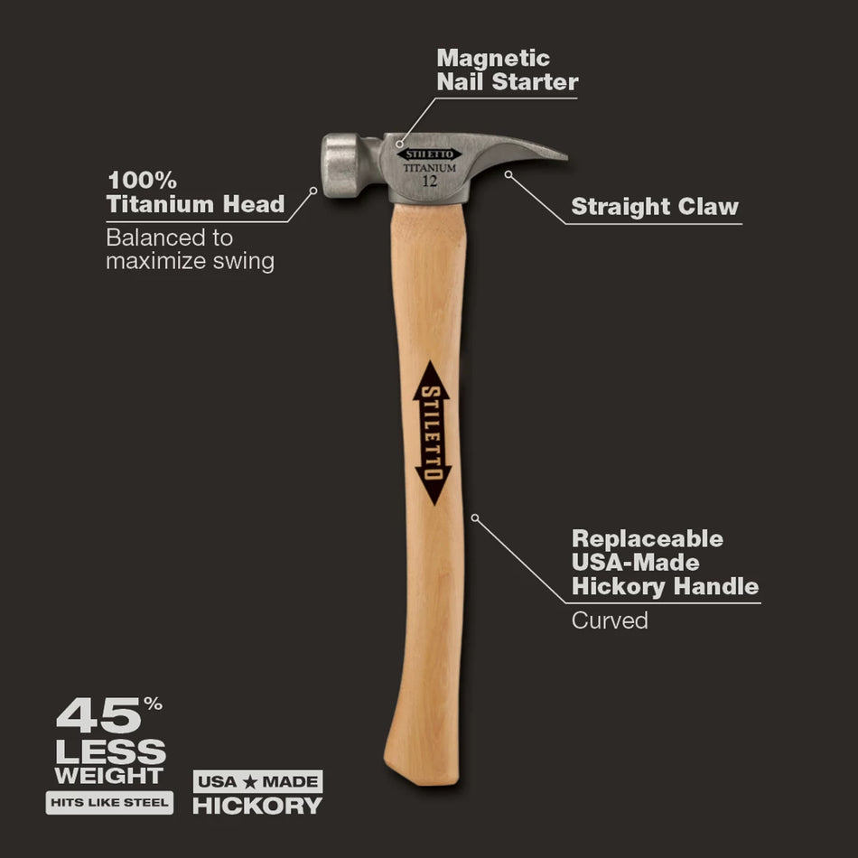 Stiletto TI12SC, 12 oz Titanium Smooth Face Hammer with 18 in. Curved Hickory Handle