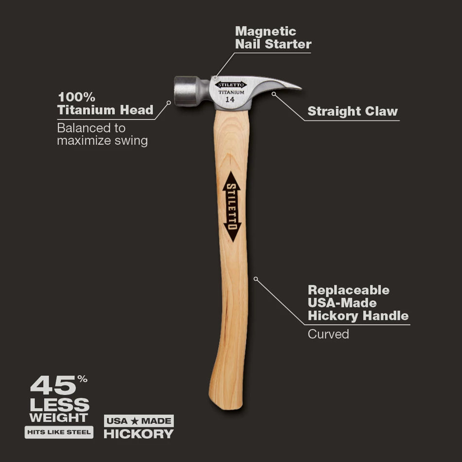 Stiletto TI14MC, 14oz Titanium Milled Face Curved Hickory Handle Hammer
