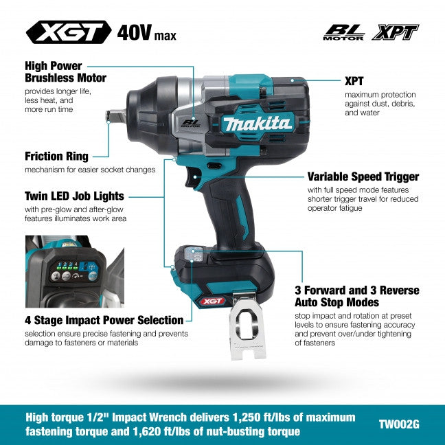 Makita TW002GZ, 40V Max XGT Brushless 1/2" High Torque Impact Wrench (Tool Only)