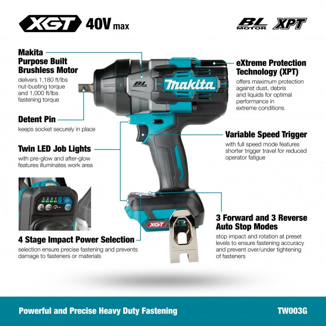 Makita TW003GZ, 40V Max XGT Brushless 1/2" High Torque Impact Wrench W/Detent Pin (Tool Only)