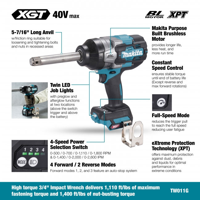 Makita TW011GZ, 40Vmax XGT Brushless 3/4" Long Anvil High Torque Impact Wrench (Tool Only)