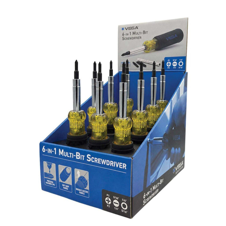 Vega VAS61-D, 6-in-1 Acetate Multi-Bit Screwdriver - 12pc Display