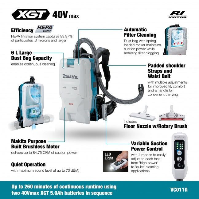 Makita VC011GZ02, 40Vmax XGT Brushless 6 L Backpack Vacuum Cleaner (Tool Only)