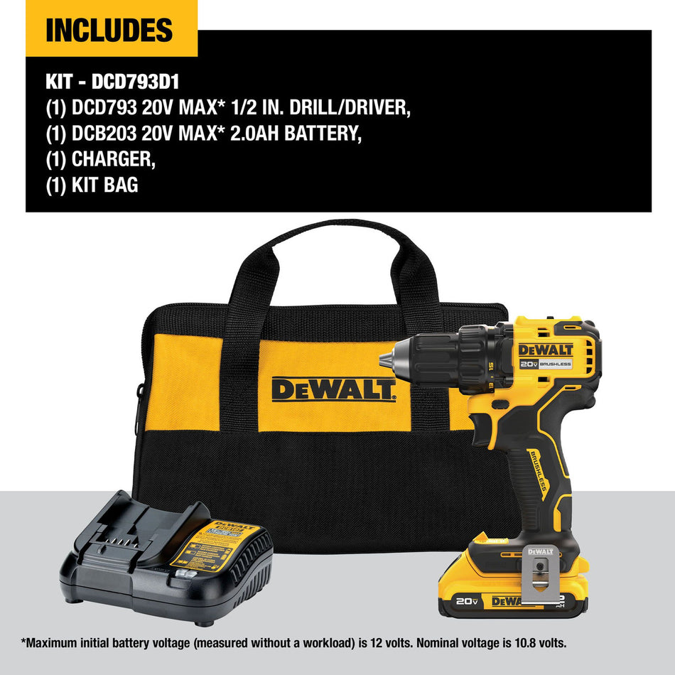 DEWALT DCD793D1, 20V Max Brushless Cordless 1/2 In. Drill/Driver Kit