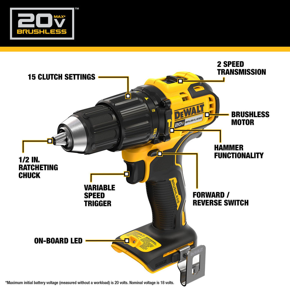 DEWALT DCD798B, 20V Max Brushless Cordless 1/2 In. Hammer Drill (Tool Only)