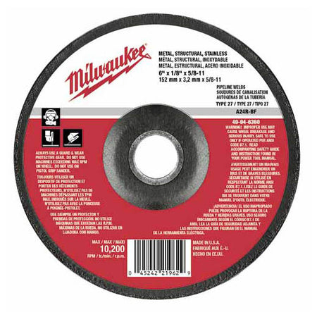 Milwaukee 49-94-6360, 6" x 1/8" x 5/8-11" Grinding Wheel, Type 27 (5/pkg)