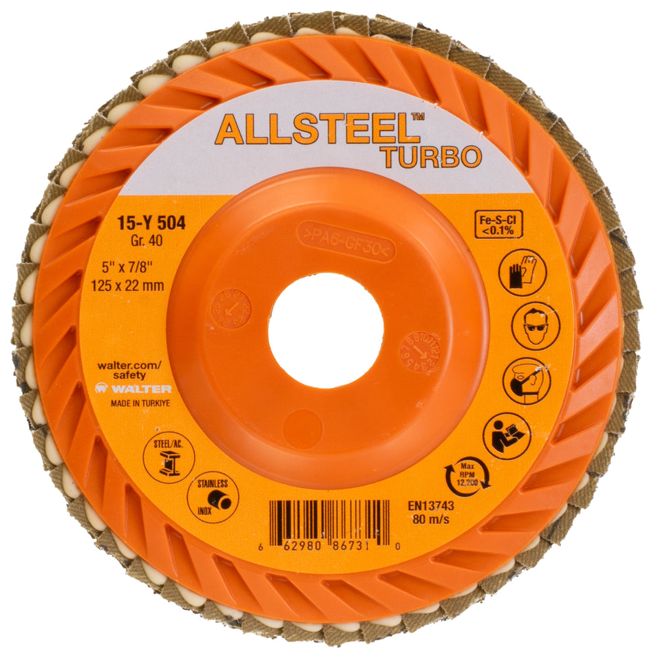 Walter 15Y504, ALLSTEEL™ Turbo Flap Disc, 5" x 7/8", 40 Grit, Zirconia Alumina