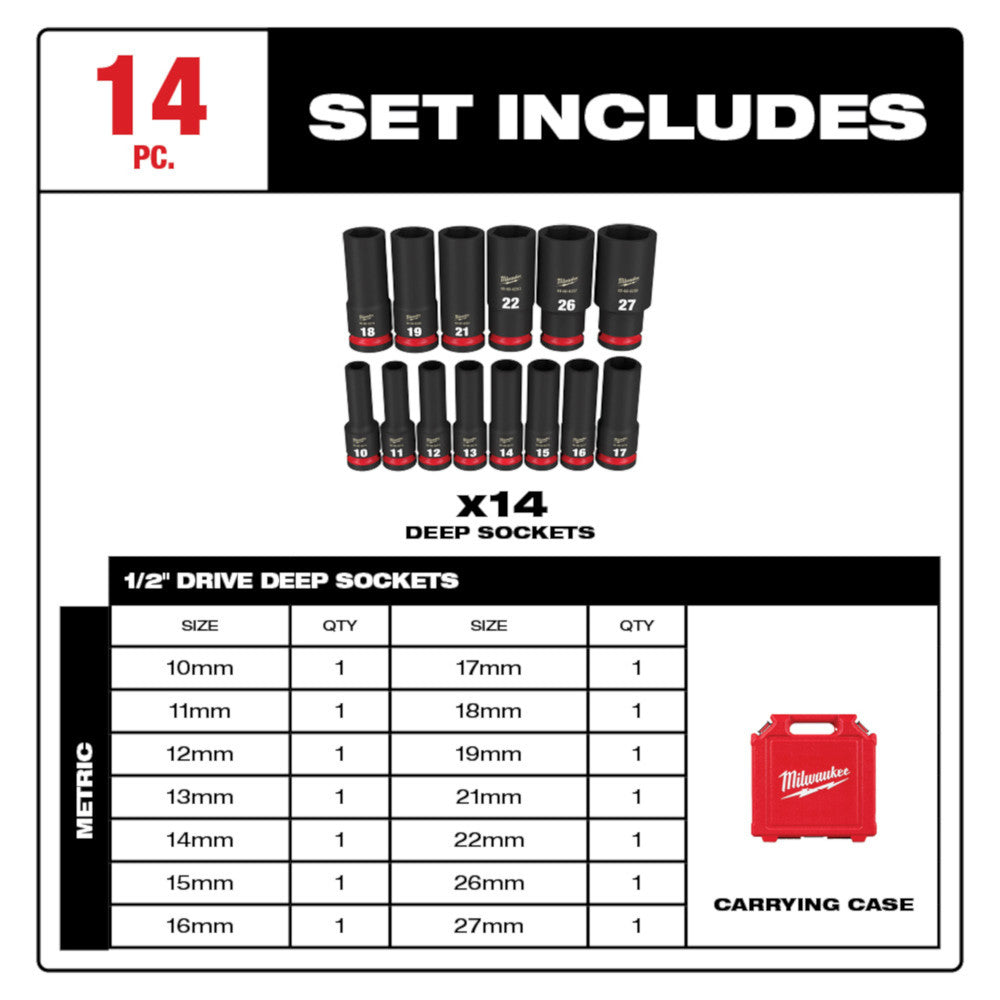 Milwaukee 49-66-7014, 1/2" Drive SHOCKWAVE Impact Duty Metric Deep 6 Point Socket Set - 14 Piece