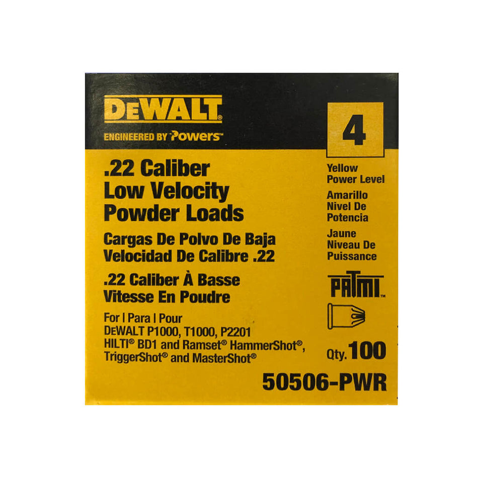 DEWALT 50506-PWR, Yellow 0.22-Caliber Short Single Low Velocity Power Load Shots (100-Pack)