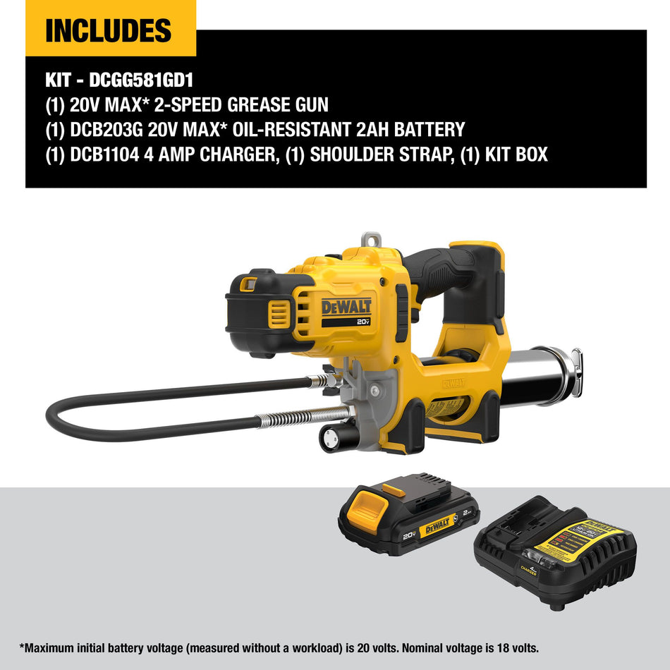 DEWALT DCGG581GD1, 20V MAX Cordless 10,000 PSI Variable 2-Speed Grease Gun Kit