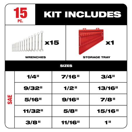 Milwaukee 48-22-9415, SAE Combination Wrench Set 15-Piece