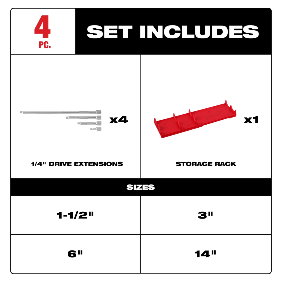 Milwaukee 48-22-9340, 4pc 1/4” Drive Socket Extension Set