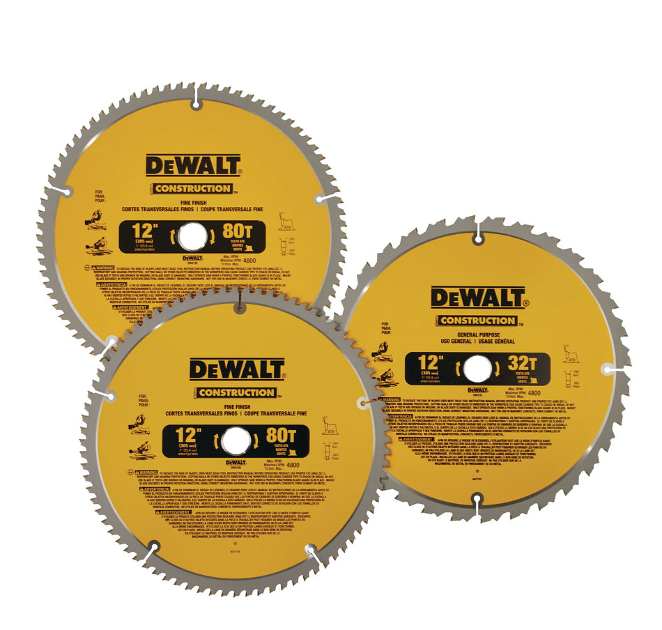 DEWALT DW3128P5B3, 3 pc 12'' Construction Circular Saw Blade Set