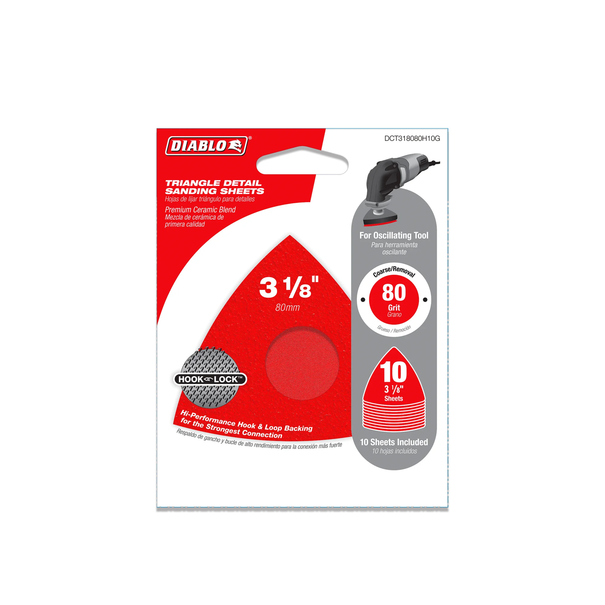 Diablo DCT318080H10G, 3-1/8" 80-Grit Hook & Lock™ Triangular Detail Sanding Sheets