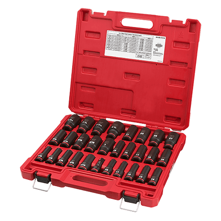 Milwaukee 49-66-7016, 1/2" Drive SHOCKWAVE Impact Duty SAE & Metric Deep 6 Point Socket Set - 29 Piece