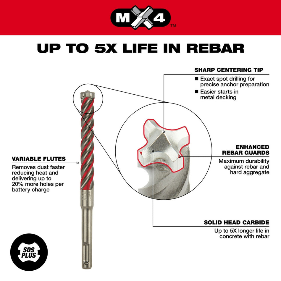 Milwaukee 48-20-7357, SDS+ 4-Cutter Drill Bit 3/8 in. x 16 in. x 18 in.