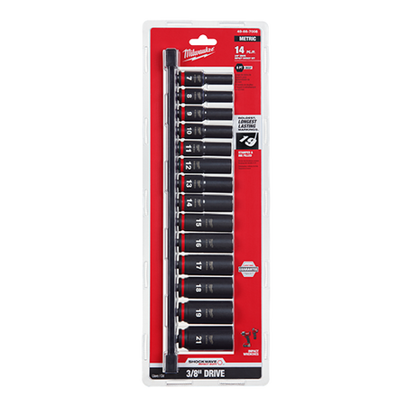Milwaukee 49-66-7008, 3/8" Drive SHOCKWAVE Impact Duty Metric Deep 6 Point Socket Set - 14 Piece