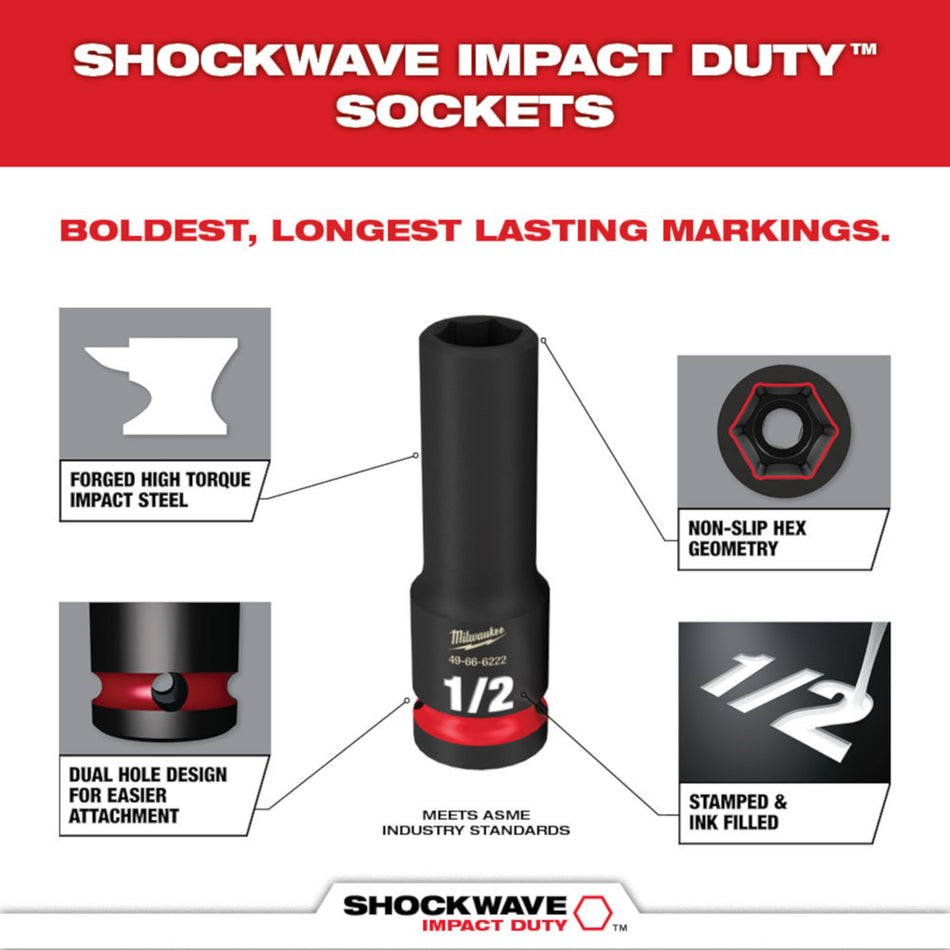 Milwaukee 49-66-7006, 3/8" Drive SHOCKWAVE Impact Duty SAE Deep 6 Point Socket Set - 12 Piece