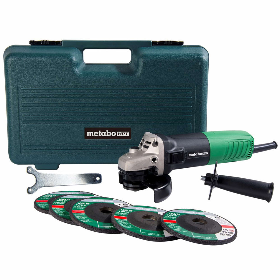 Metabo HPT G12SR4, 4-1/2 Inch 6.2 Amp Slide Switch Angle Grinder Kit w/ 5 Abrasive Wheels