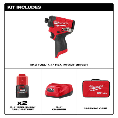 Milwaukee 3453-22, M12 FUEL™ 1/4" Hex Impact Driver Kit