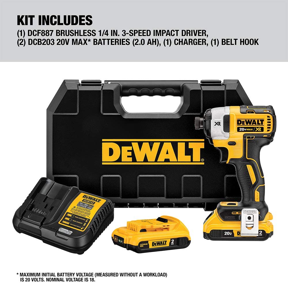 DEWALT DCF887D2, 20V MAX XR 1/4'' 3-Speed Impact Driver Kit (2.0Ah)