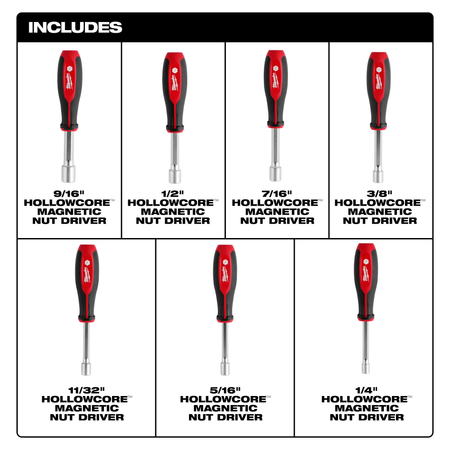 Milwaukee 48-22-2547, 7pc SAE HollowCore™ Magnetic Nut Driver Set