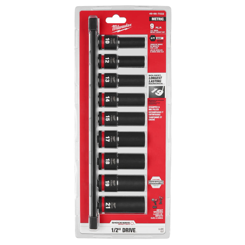 Milwaukee 49-66-7032, 9PC SHOCKWAVE™ Impact Duty 1/2" Drive Metric Deep 6 Point Socket Set
