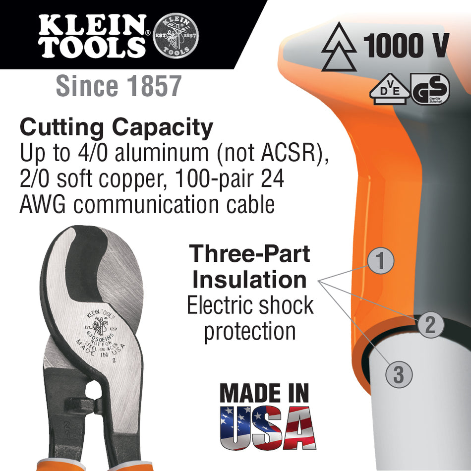 Klein Tools 63050EINS, Electricians Cable Cutter, Insulated