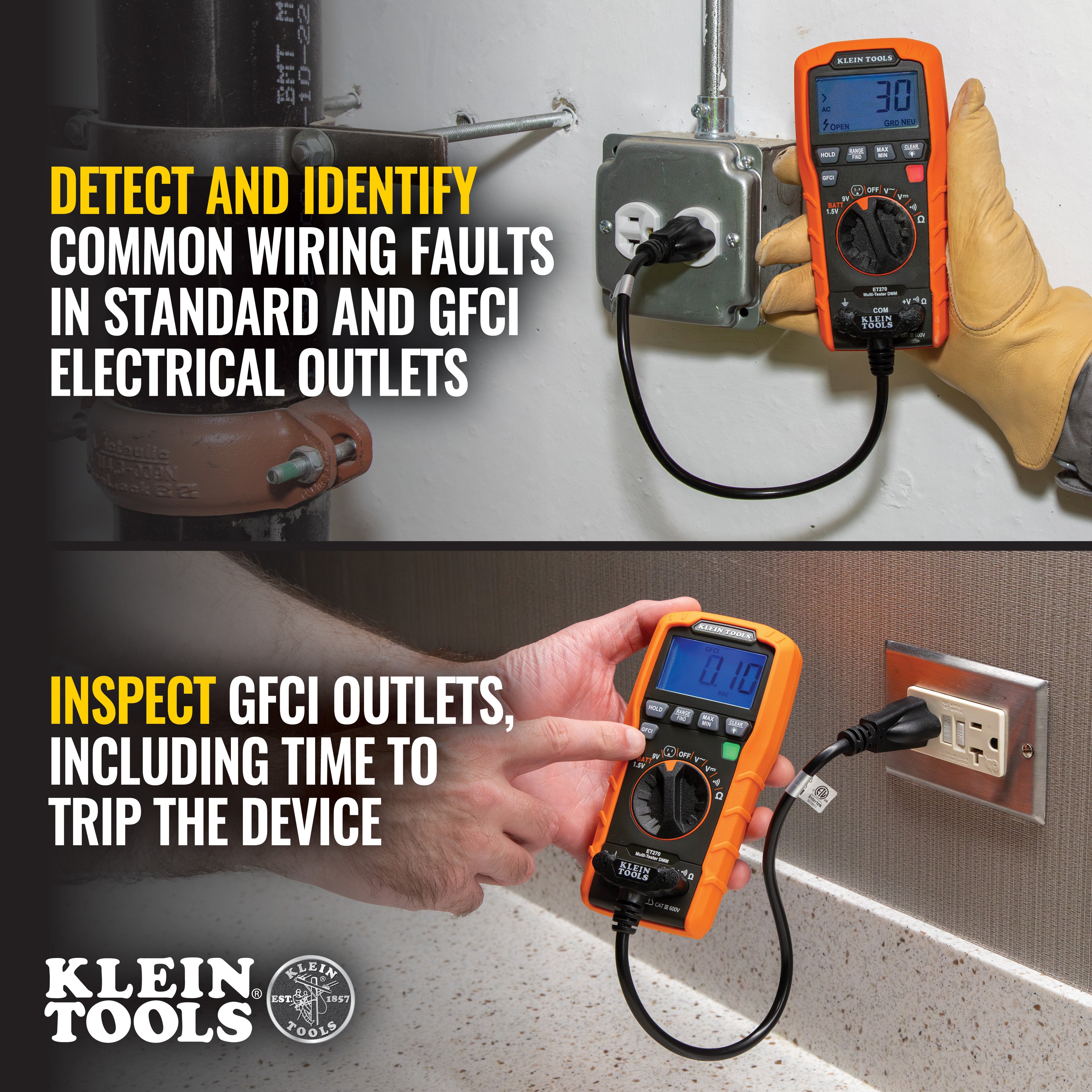 Klein Tools ET270, Digital Multi-Tester, Multimeter with Receptacle Tester