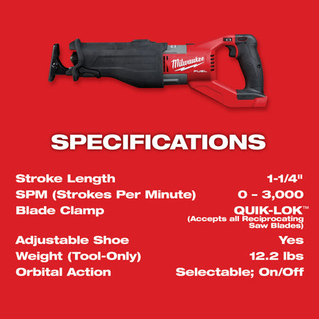 Milwaukee 2722-20, M18 FUEL Super Sawzall (Tool Only)