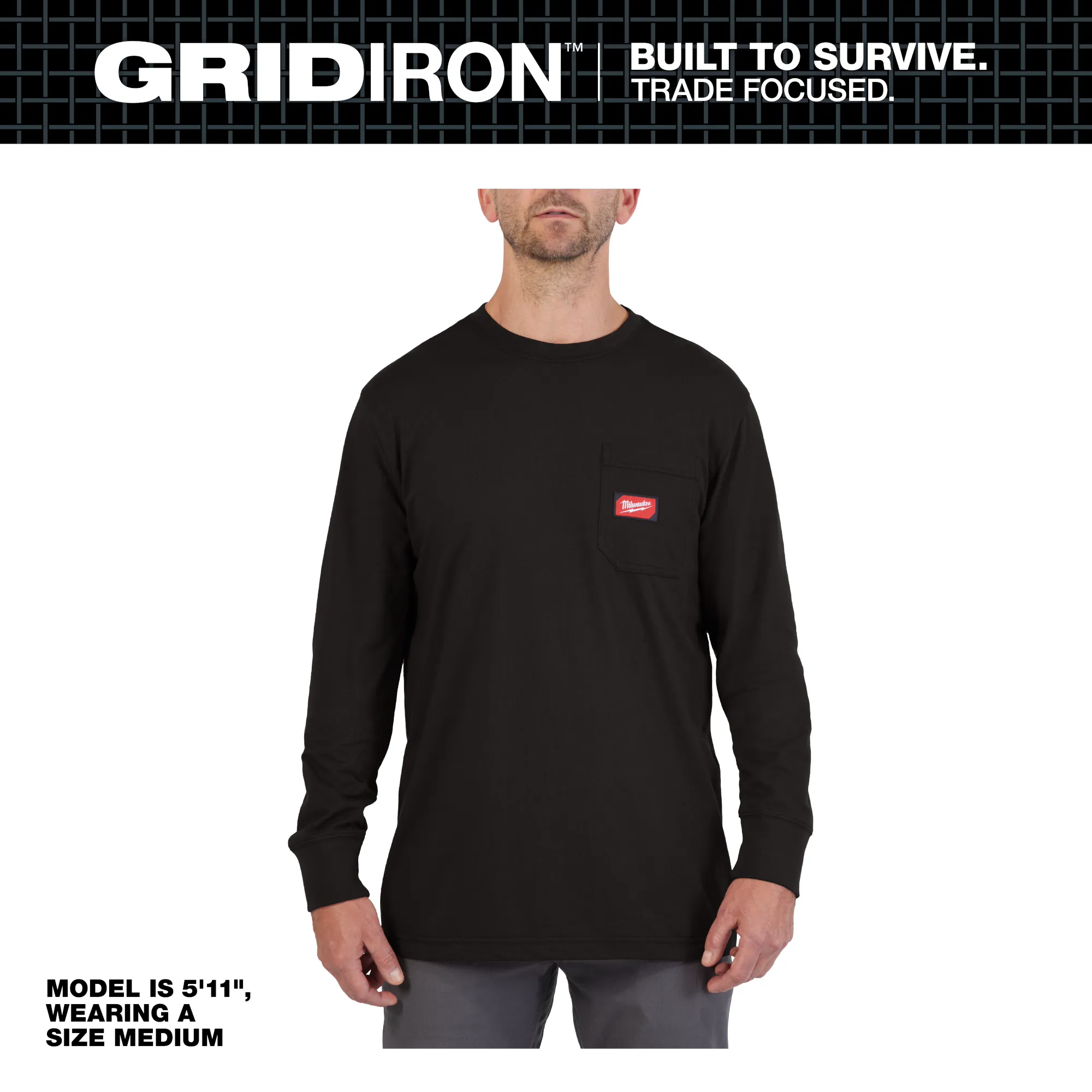 Milwaukee 606B-2X, GRIDIRON™ Pocket T-Shirt - Long Sleeve Black 2X