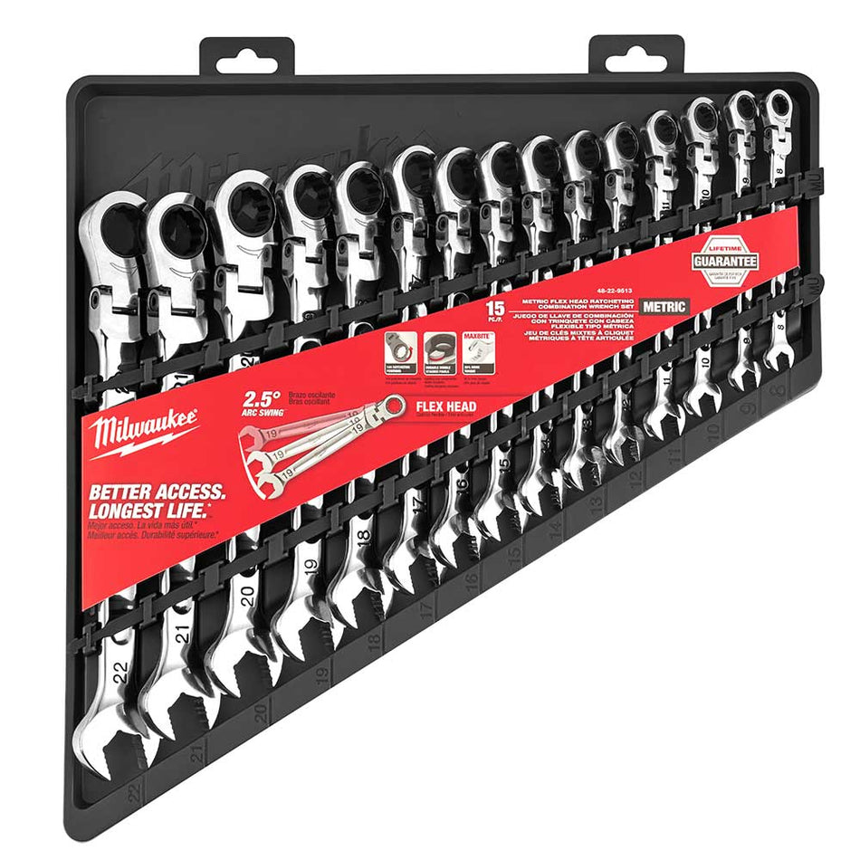 Milwaukee 48-22-9513, Flex Head Ratcheting Combination Metric Wrench Set 15-Piece
