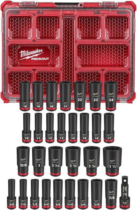 Milwaukee 49-66-6806, SHOCKWAVE Impact-Duty 1/2 in. Drive Metric and SAE Deep Well Impact PACKOUT Socket Set (31-Piece)