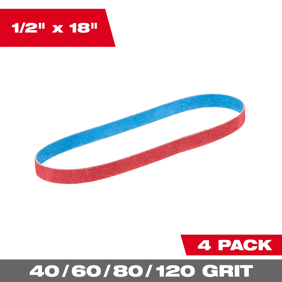 Milwaukee 48-80-9000, 1/2” x 18” 40/60/80/120 Grit Bandfile Belts – 4 pack variety