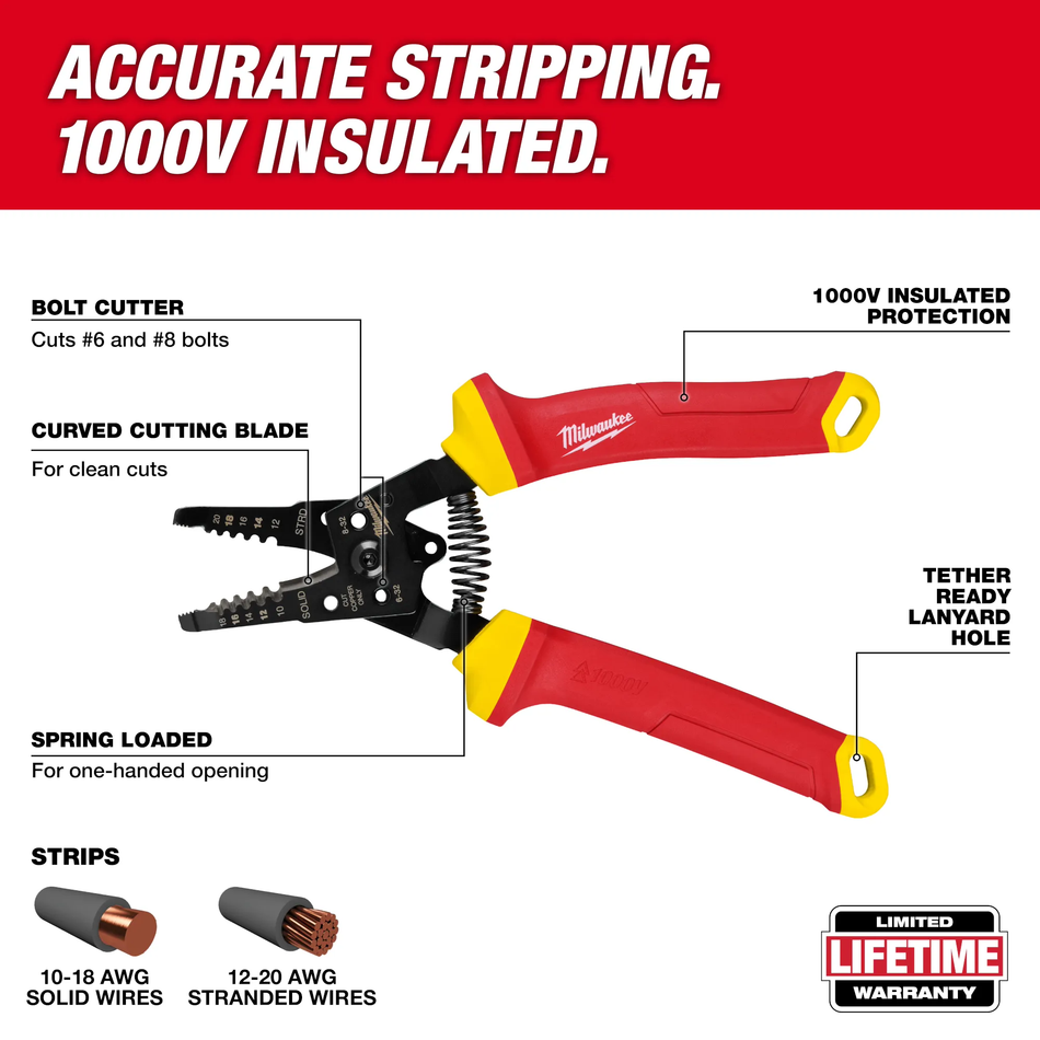 Milwaukee 48-22-2214, 1000V Insulated 10-20 AWG Wire Stripper & Cutter