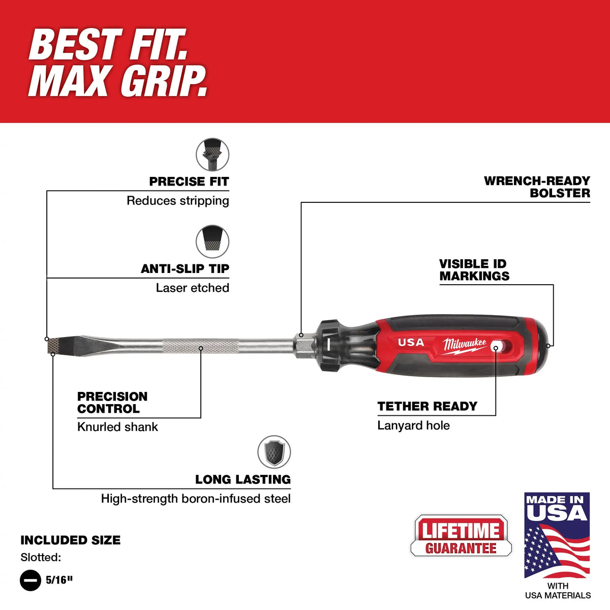 Milwaukee MT209, 3/8" Slotted 8" Cushion Grip Screwdriver (USA)