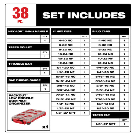 Milwaukee 49-22-5604, 38PC SAE Tap & Die PACKOUT™ Set w/ Hex-LOK™ 2-in-1 Handle