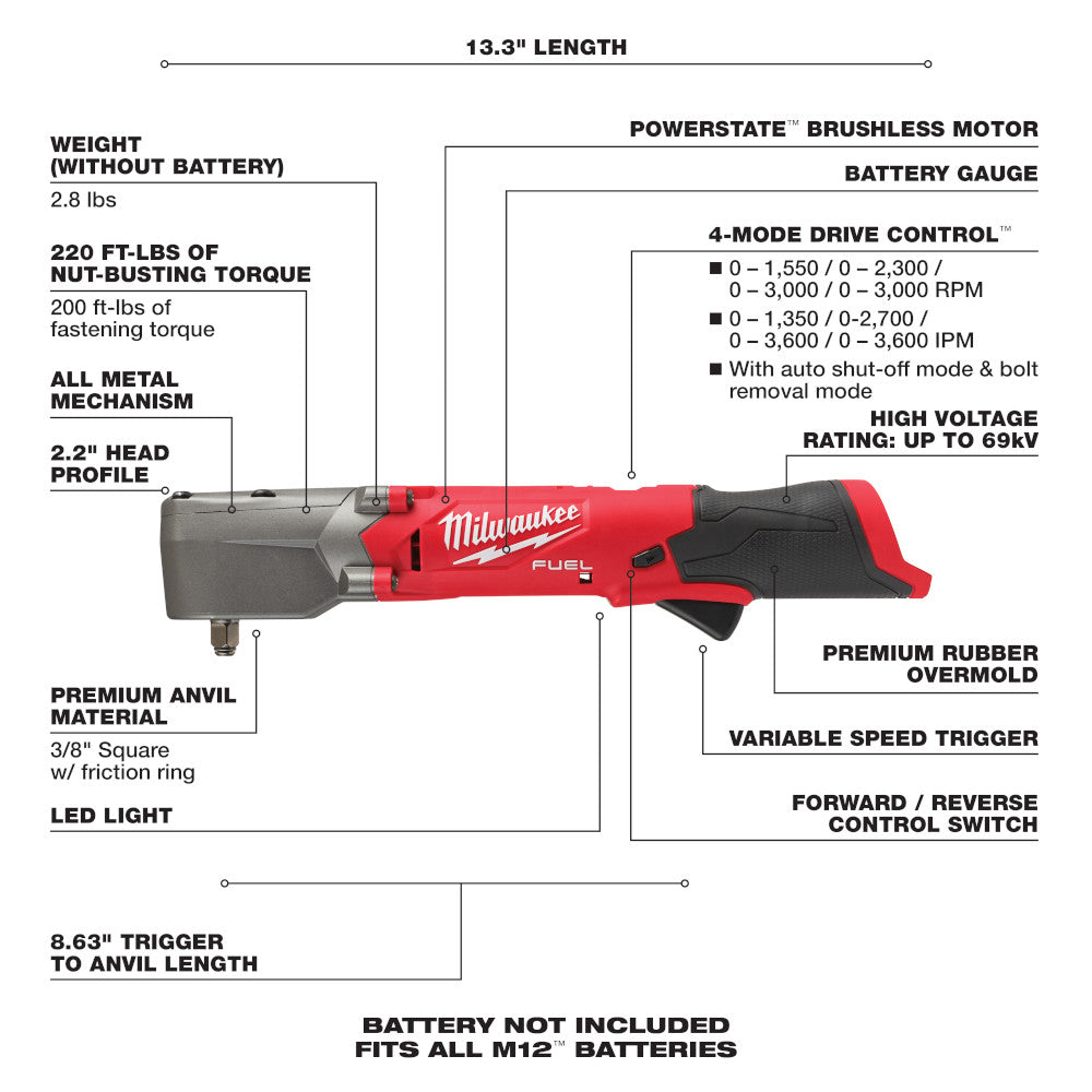 Milwaukee 2564-20, M12 FUEL 3/8" Right Angle Impact Wrench (Tool Only)
