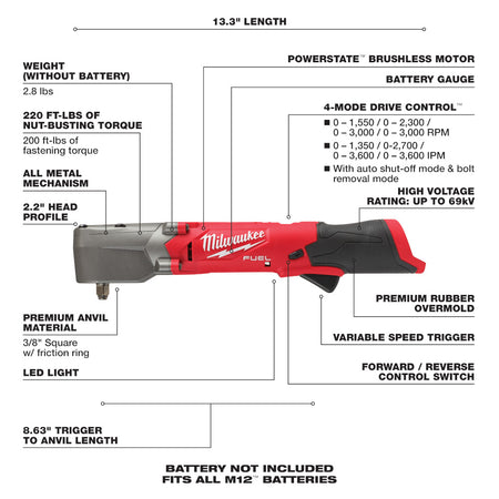 Milwaukee 2564-20, M12 FUEL 3/8" Right Angle Impact Wrench (Tool Only)
