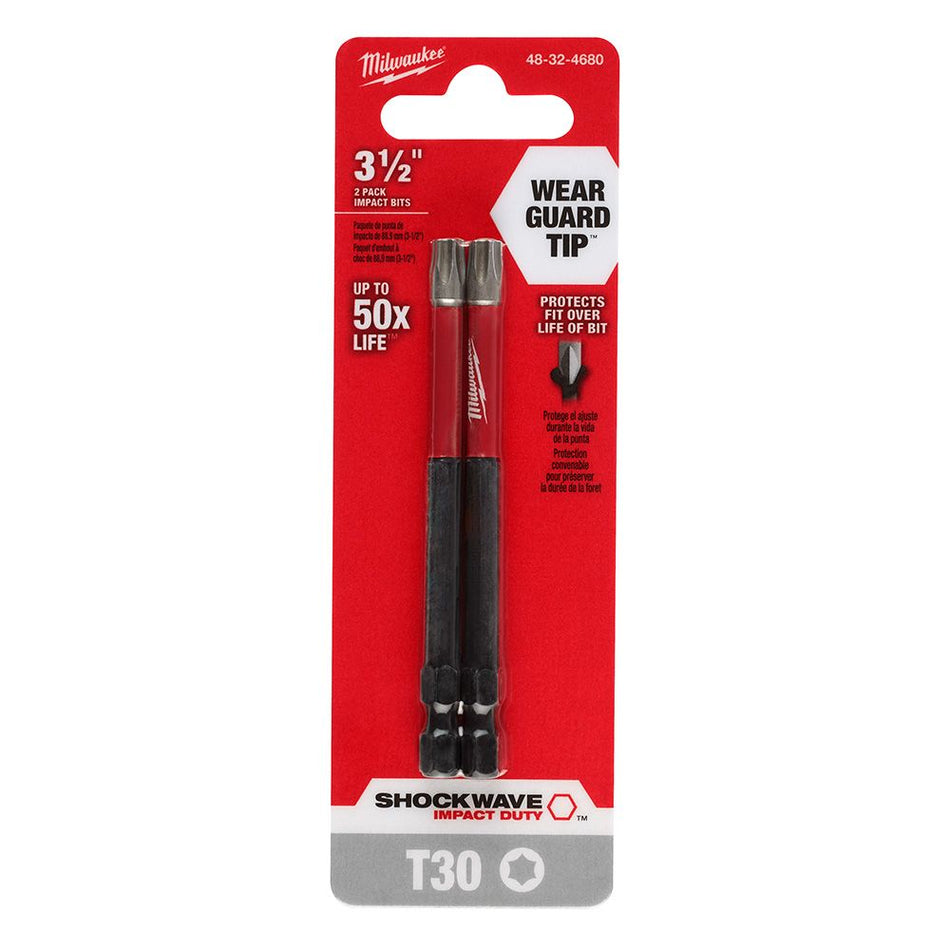 Milwaukee 48-32-4680, 3-1/2" Torx T30 SHOCKWAVE Impact Duty Bit - 2 Pack