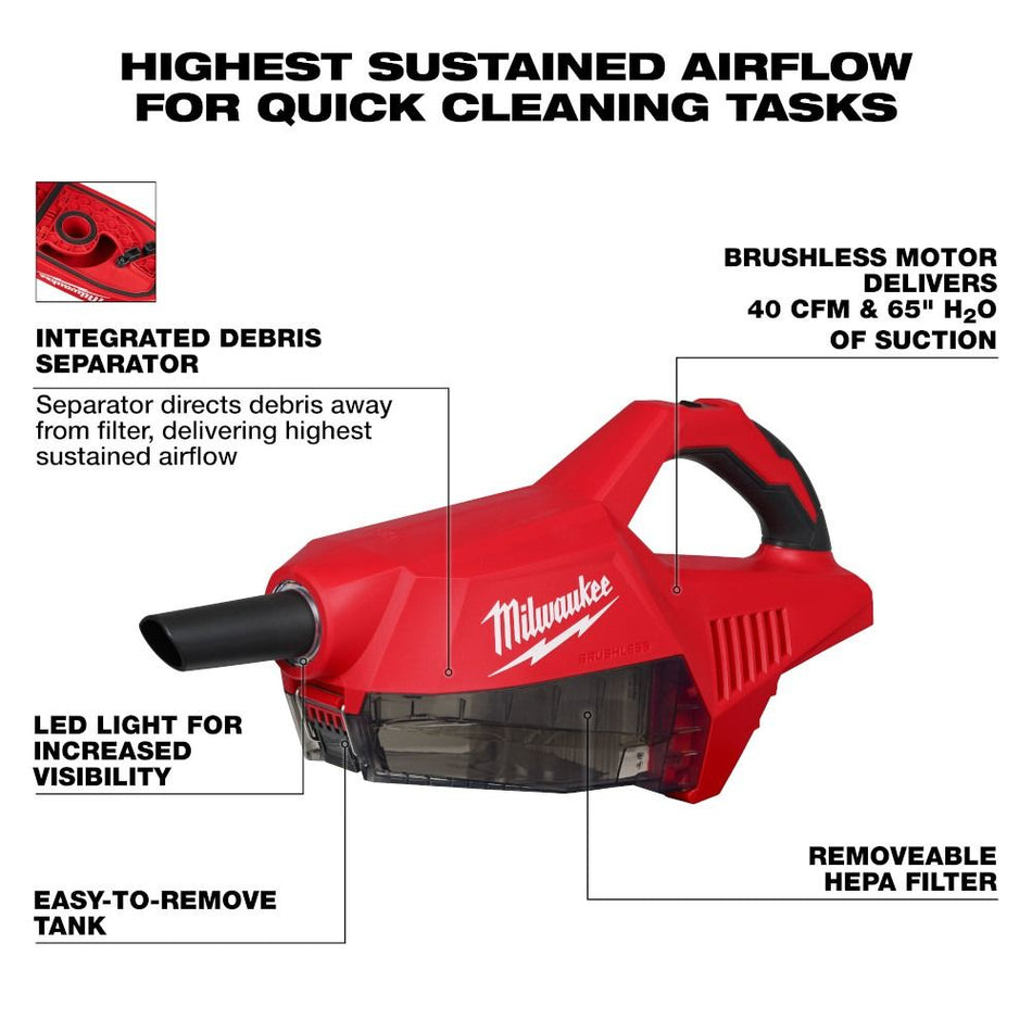 Milwaukee 0892-20, M18™ Brushless Handheld Vacuum (Tool Only)