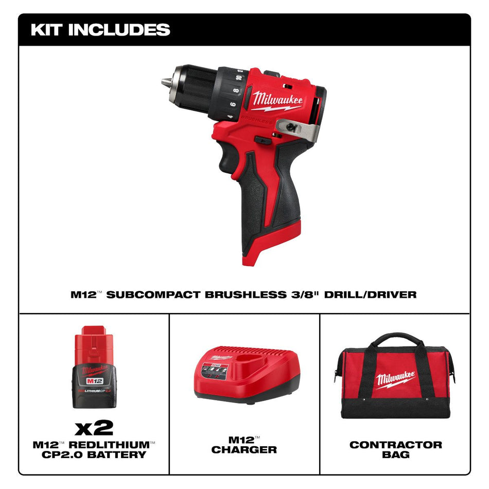 Milwaukee 3401-22, M12™ Subcompact Brushless 3/8" Drill/Driver Kit