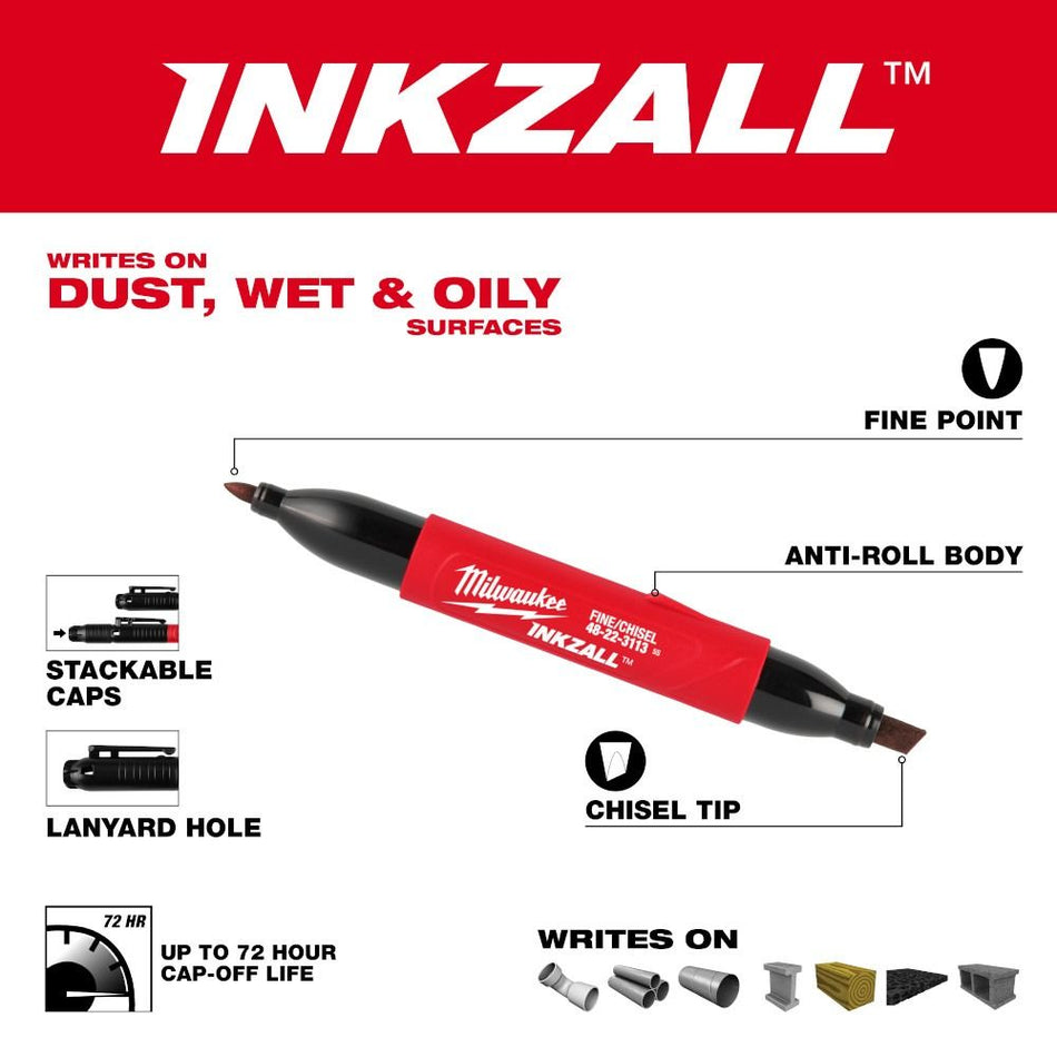 Milwaukee 48-22-3113, INKZALL Double Sided Black Jobsite Marker - Fine Point and Chisel Tip