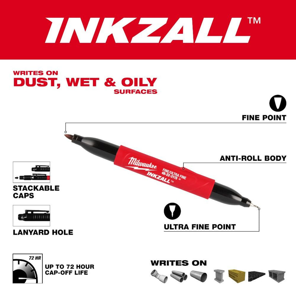 Milwaukee 48-22-3115, INKZALL Double Sided Black Jobsite Marker - Ultra Fine and Fine Point
